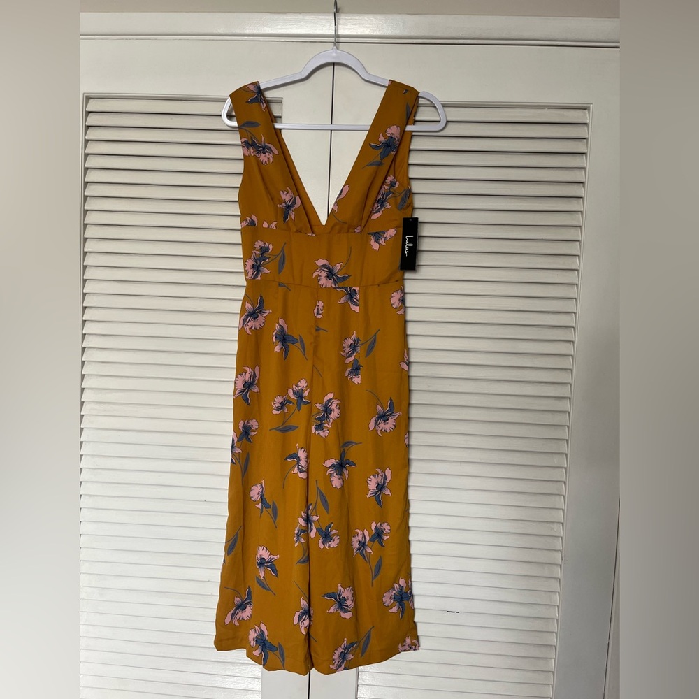 Lulu's Love You Bunches Mustard Yellow Floral print Culotte Jumpsuit size S